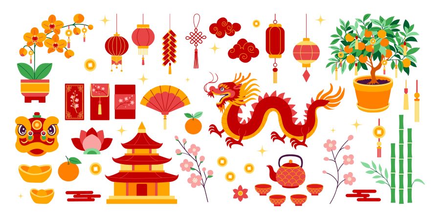 Chinese New Year symbols and objects illustration