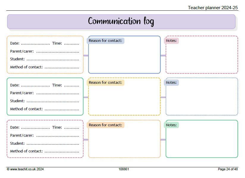Parent teacher communication log template from Teachit's Teacher Planner